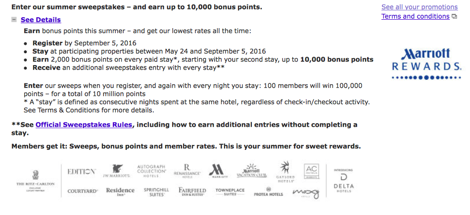 [英國與北美地區專屬活動] Marriott Rewards - 2016 Summer Global Promotion ,可賺取10000額外獎勵積分,至2016年9月5日