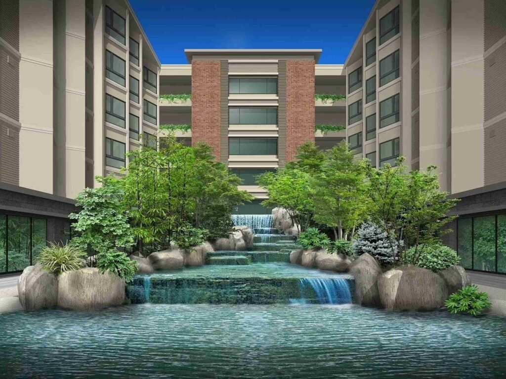 THE HOTEL SANRAKU KANAZAWA飯店外觀有著六層的瀑布造景